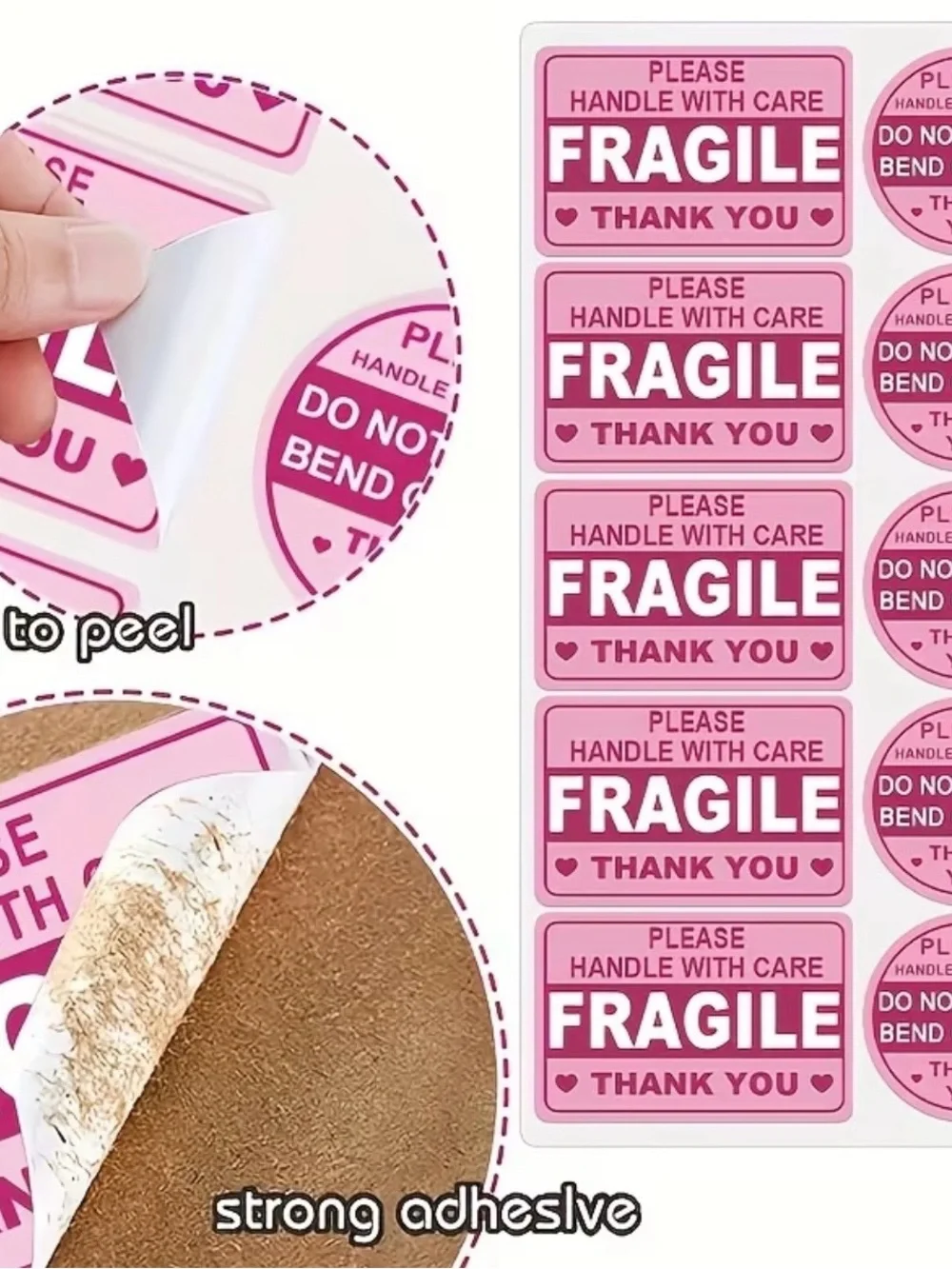 50 Fragile Handle With Care Stickers - Pink
